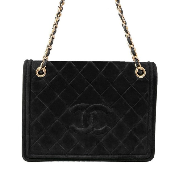 CHANEL Handbags - Chanel 90s Vintage Quilted Suede Flap Bag Black Gold Chain Shoulder Bag 1560XXX